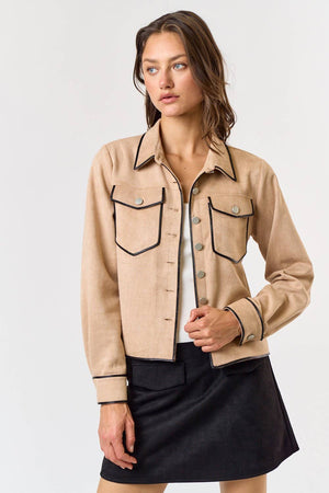 Contrast Leather Binding Suede Jacket in Taupe