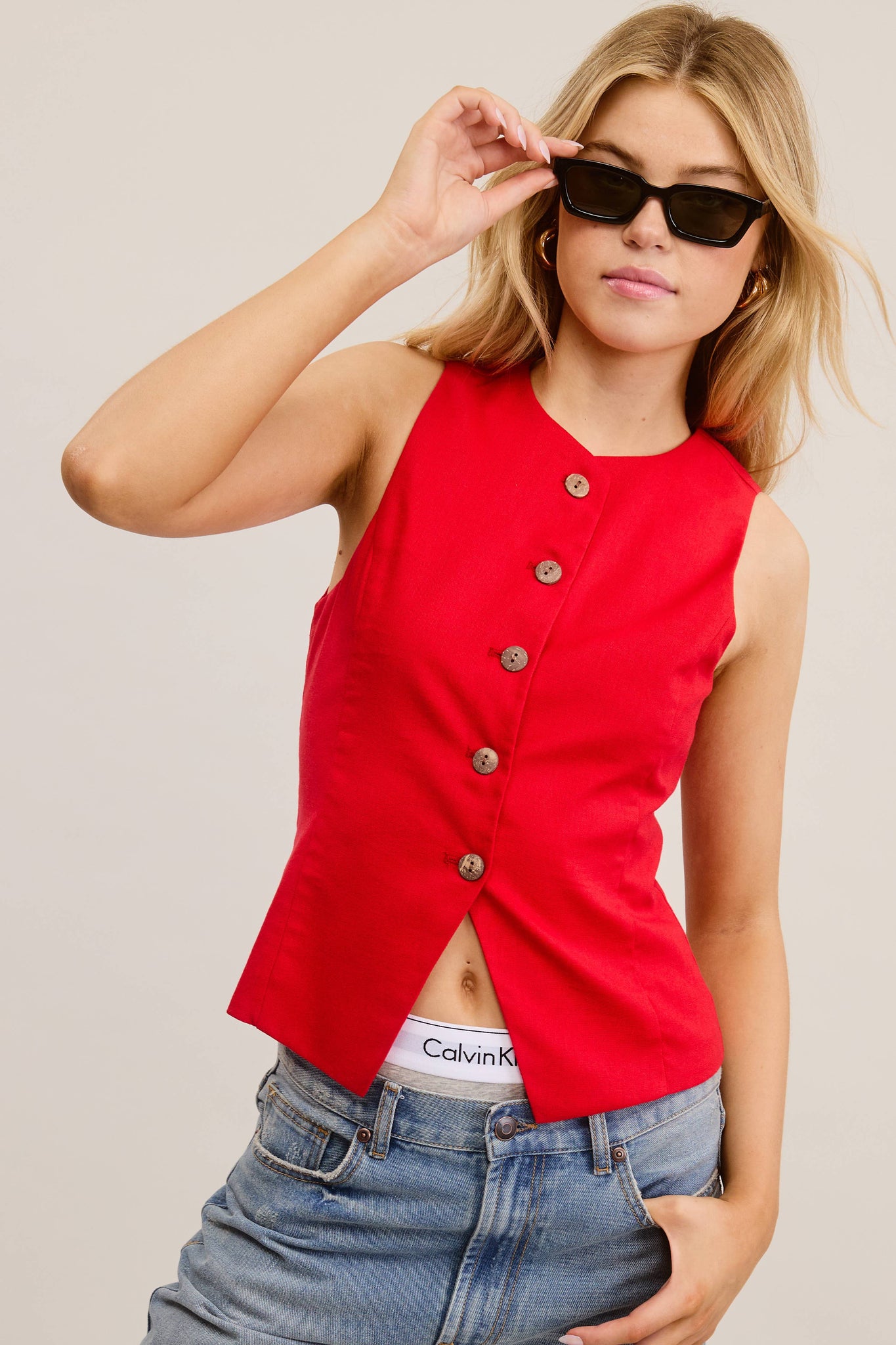 Round Neck Button Waistcoat Red