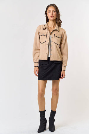 Contrast Leather Binding Suede Jacket in Taupe