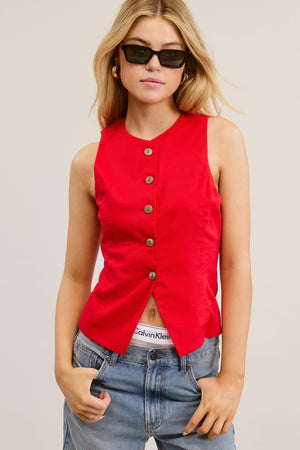 Round Neck Button Waistcoat Red