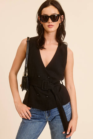 BELT BUCKLE DOUBLE-BREASTED V-NECK VEST