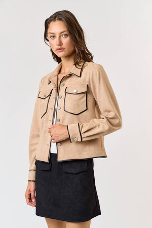 Contrast Leather Binding Suede Jacket in Taupe