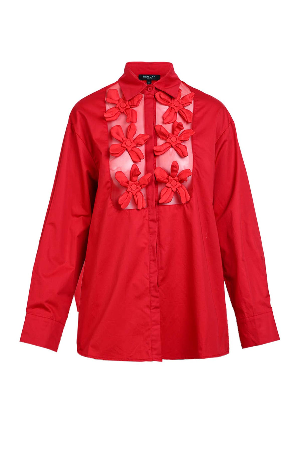 Solid & Mesh Combo Floral Applique Blouse in Red