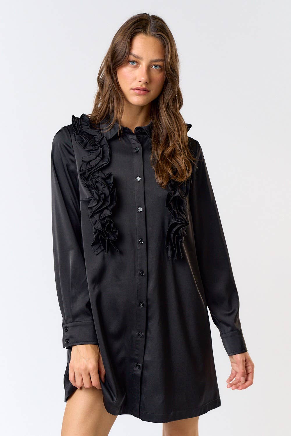 SATIN RUFFLE DETAIL BUTTON DOWN SHIRT DRESS