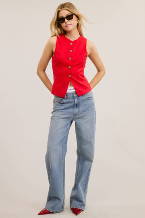 Round Neck Button Waistcoat Red