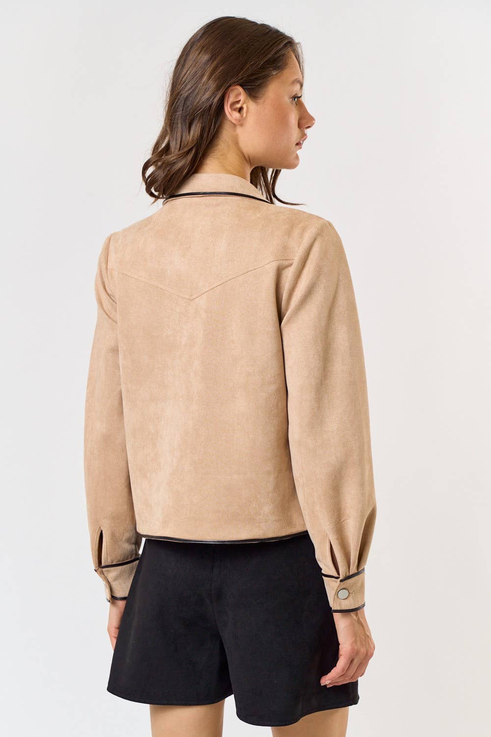 Contrast Leather Binding Suede Jacket in Taupe