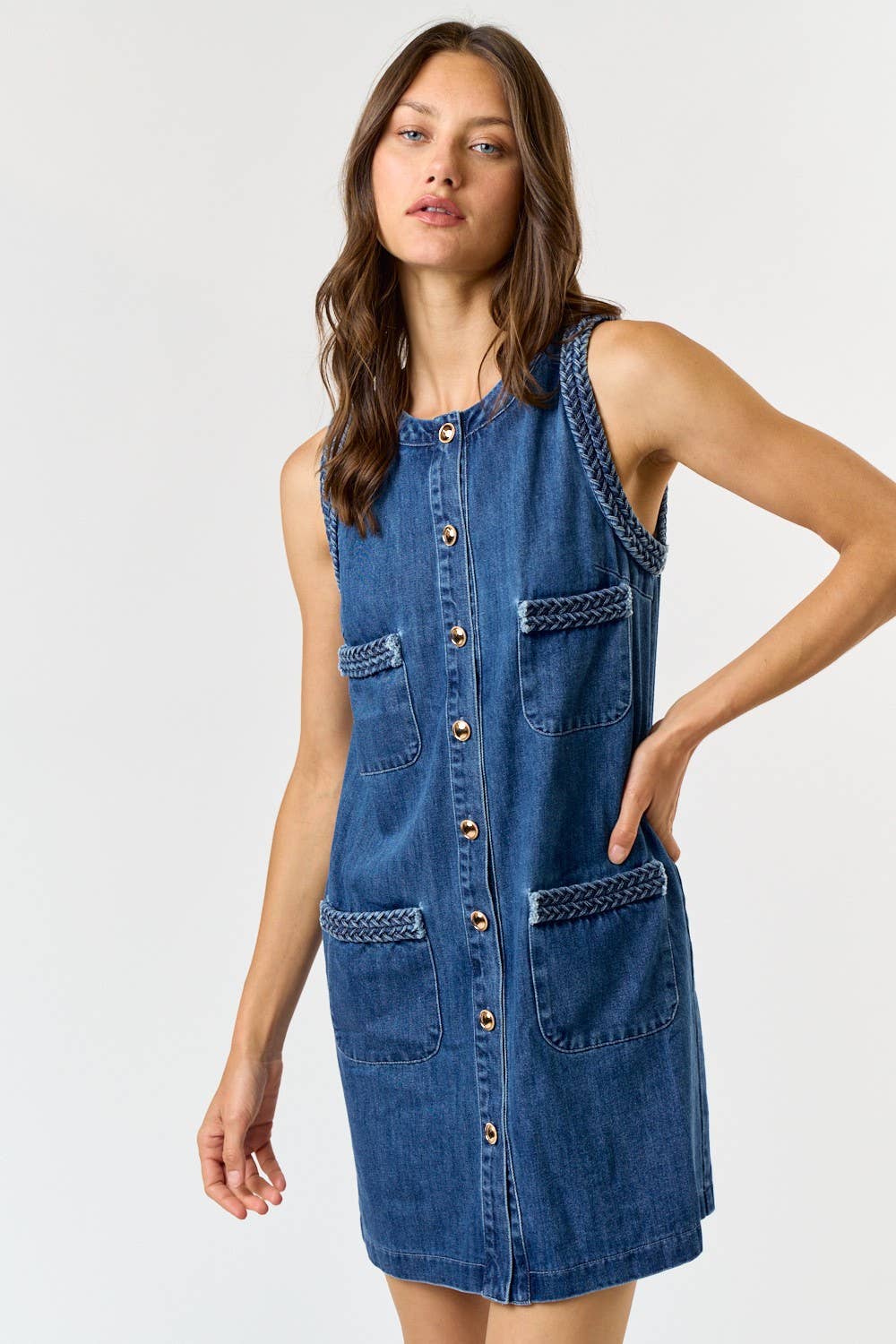 BRAIDED DENIM POCKET FRONT SLEEVELESS MINI DRESS