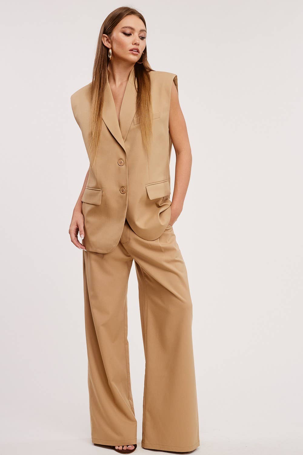 Structured Oversized Blazer Vest in Beige