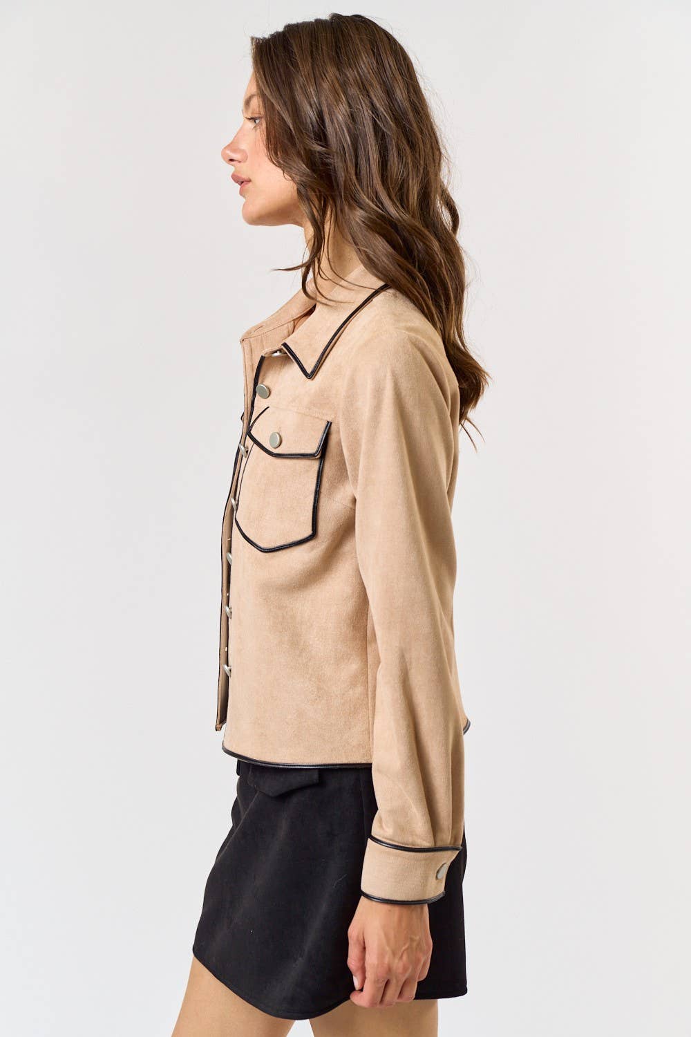 Contrast Leather Binding Suede Jacket in Taupe