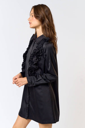 SATIN RUFFLE DETAIL BUTTON DOWN SHIRT DRESS