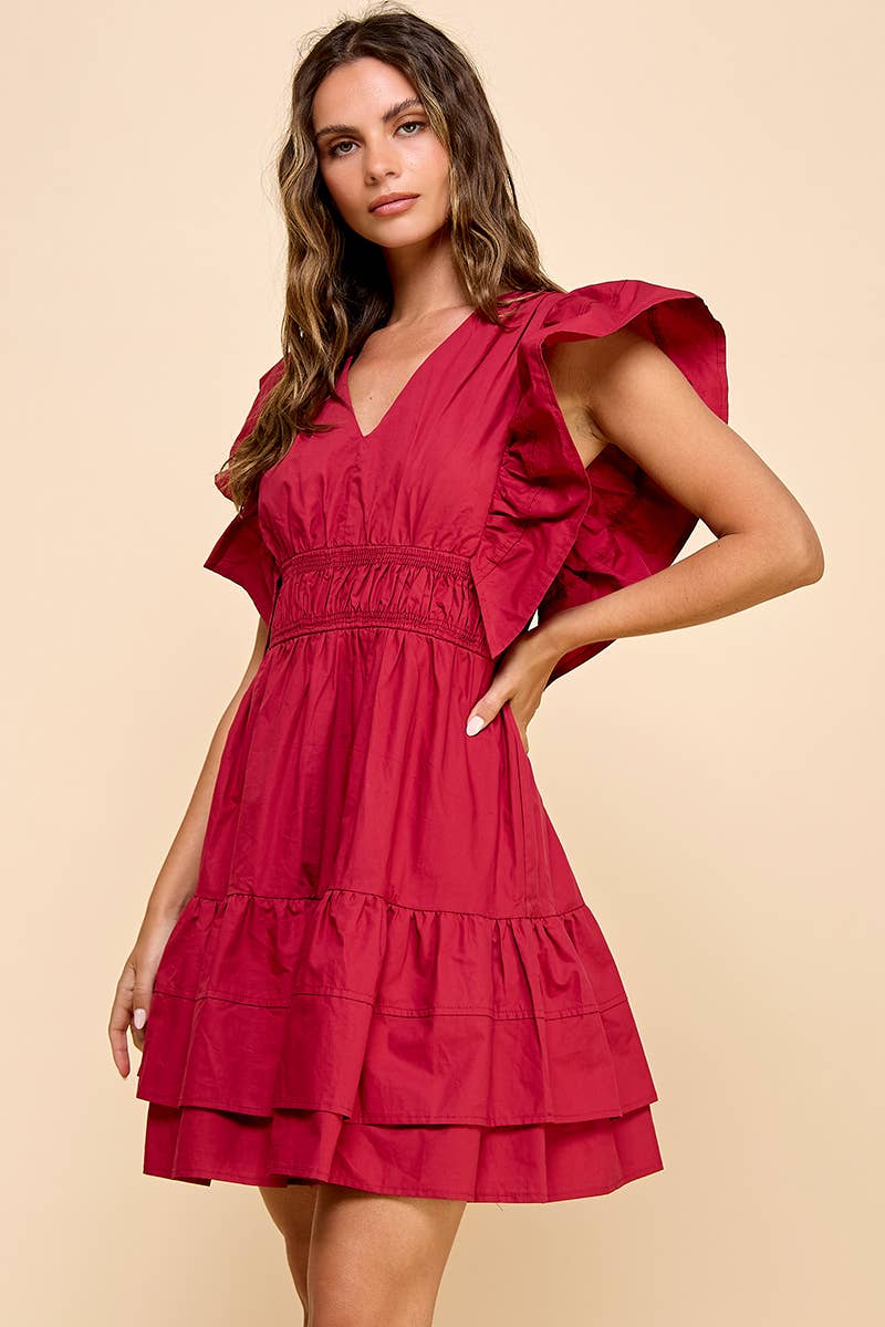 Poplin Ruffle Sleeve Dress in Crimson