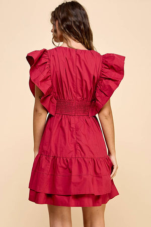 Poplin Ruffle Sleeve Dress in Crimson