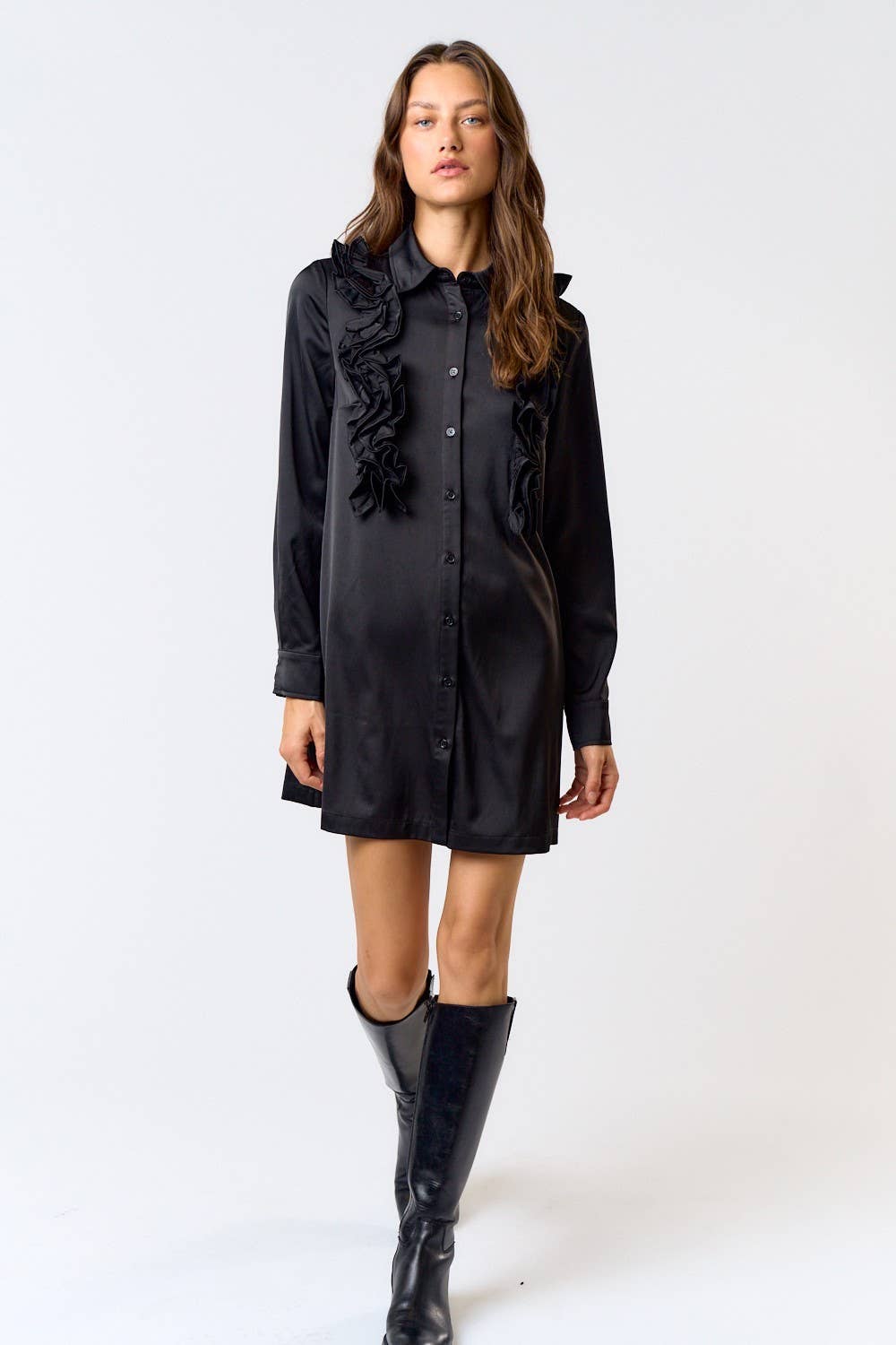 SATIN RUFFLE DETAIL BUTTON DOWN SHIRT DRESS