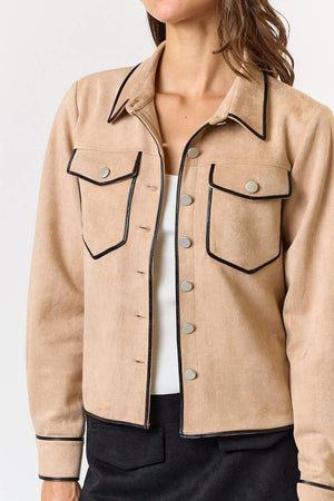 Contrast Leather Binding Suede Jacket in Taupe