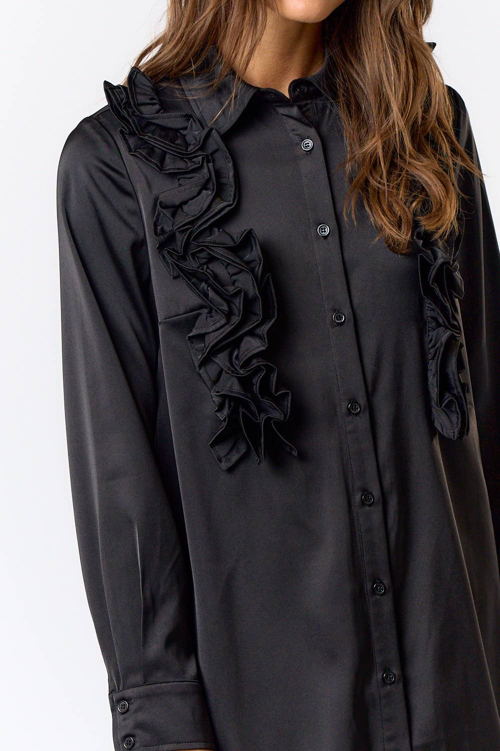 SATIN RUFFLE DETAIL BUTTON DOWN SHIRT DRESS