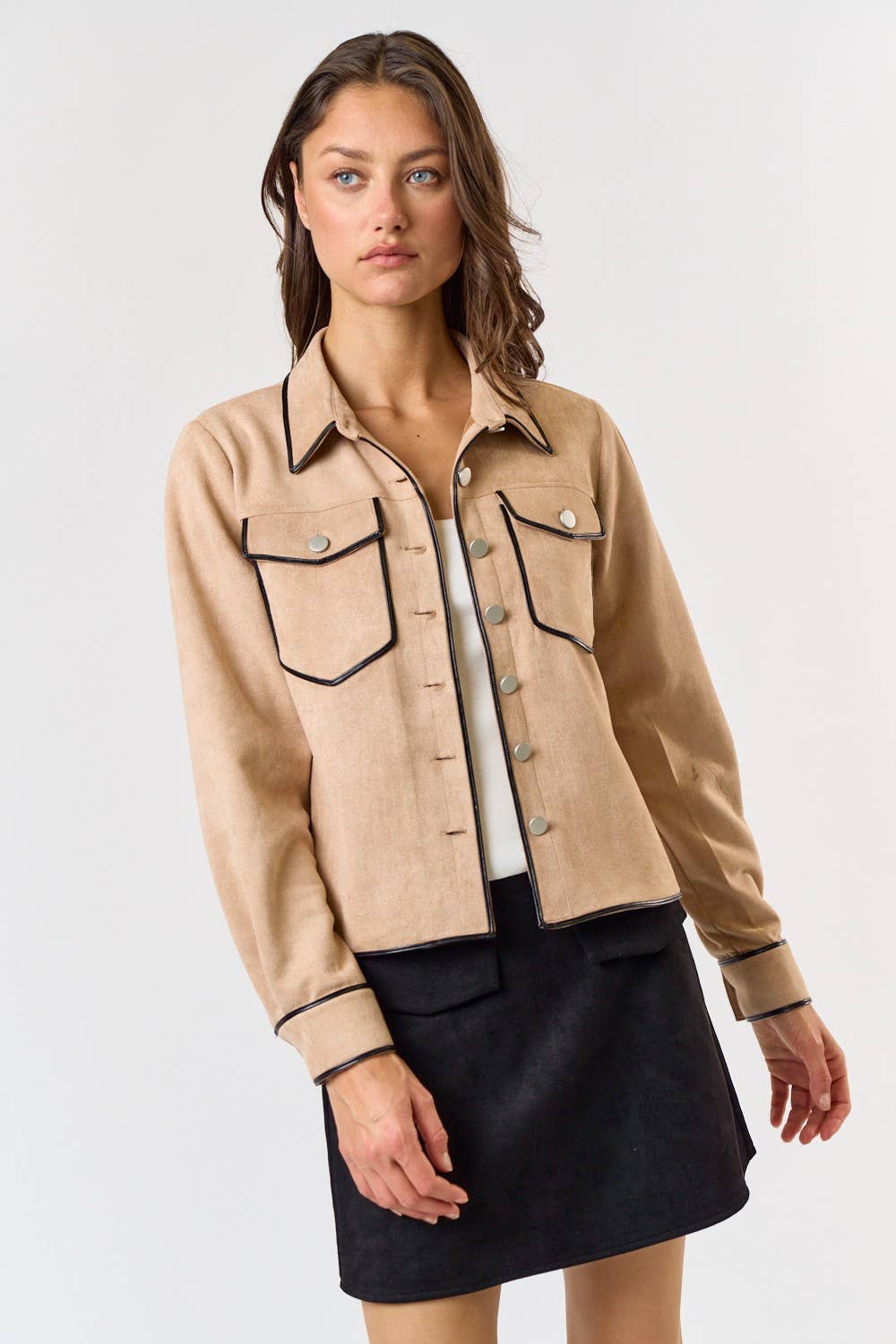 Contrast Leather Binding Suede Jacket in Taupe