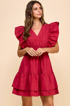 Poplin Ruffle Sleeve Dress in Crimson