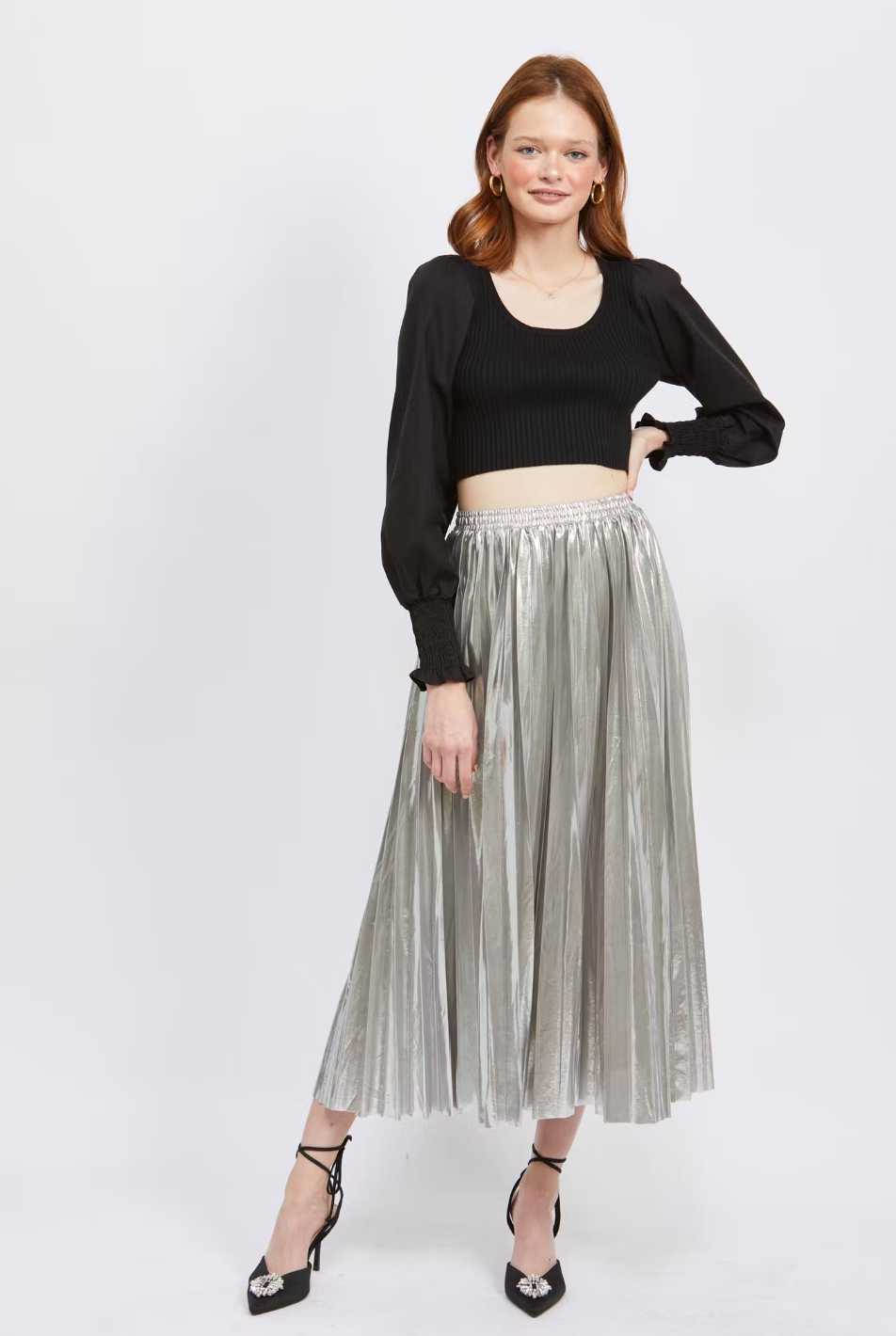 Pleated Metallic Midi Skirt