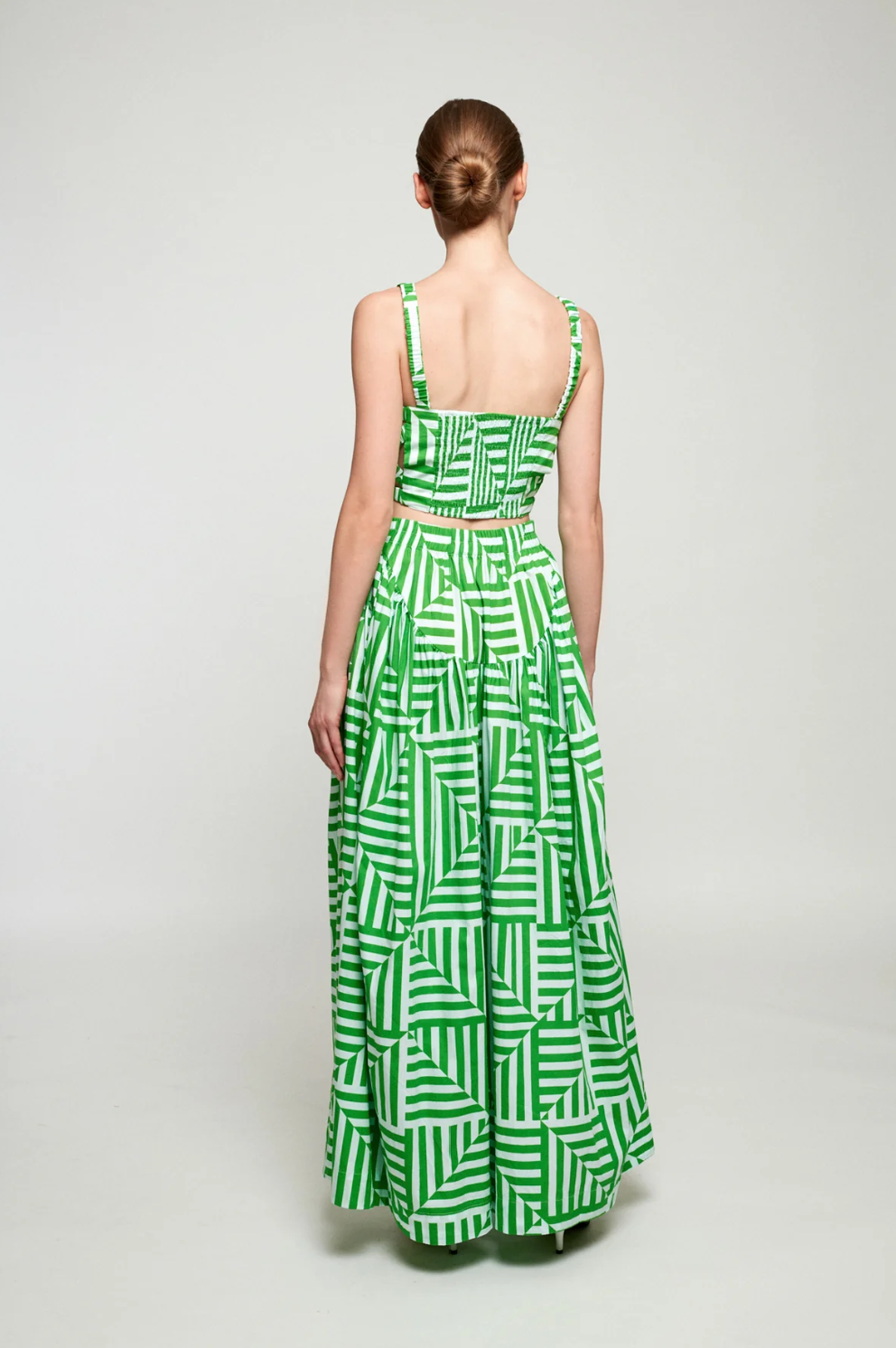 High Waisted Basque Midi Skirt in Stripe of Sage