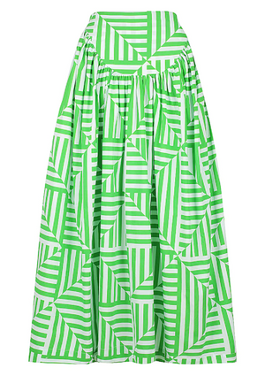 High Waisted Basque Midi Skirt in Stripe of Sage