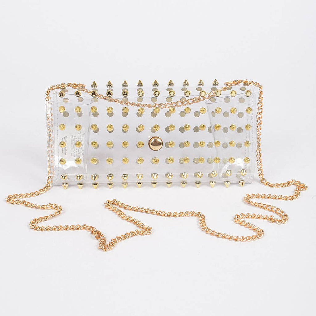 Spike Studded Clear Clutch Gold