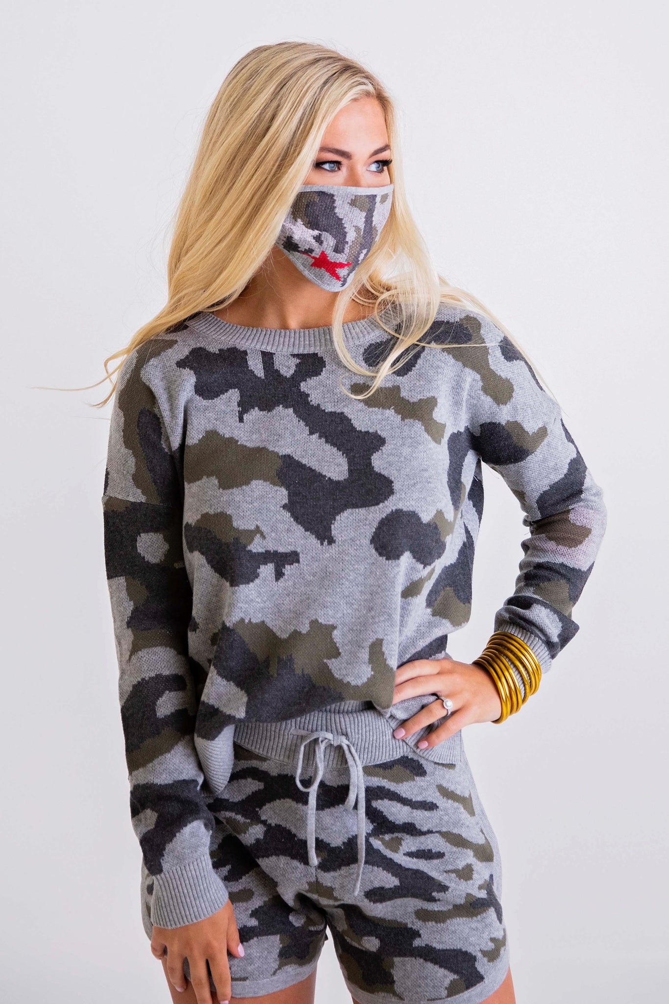 Camo Red Star Elbow Sweater Set with Mask