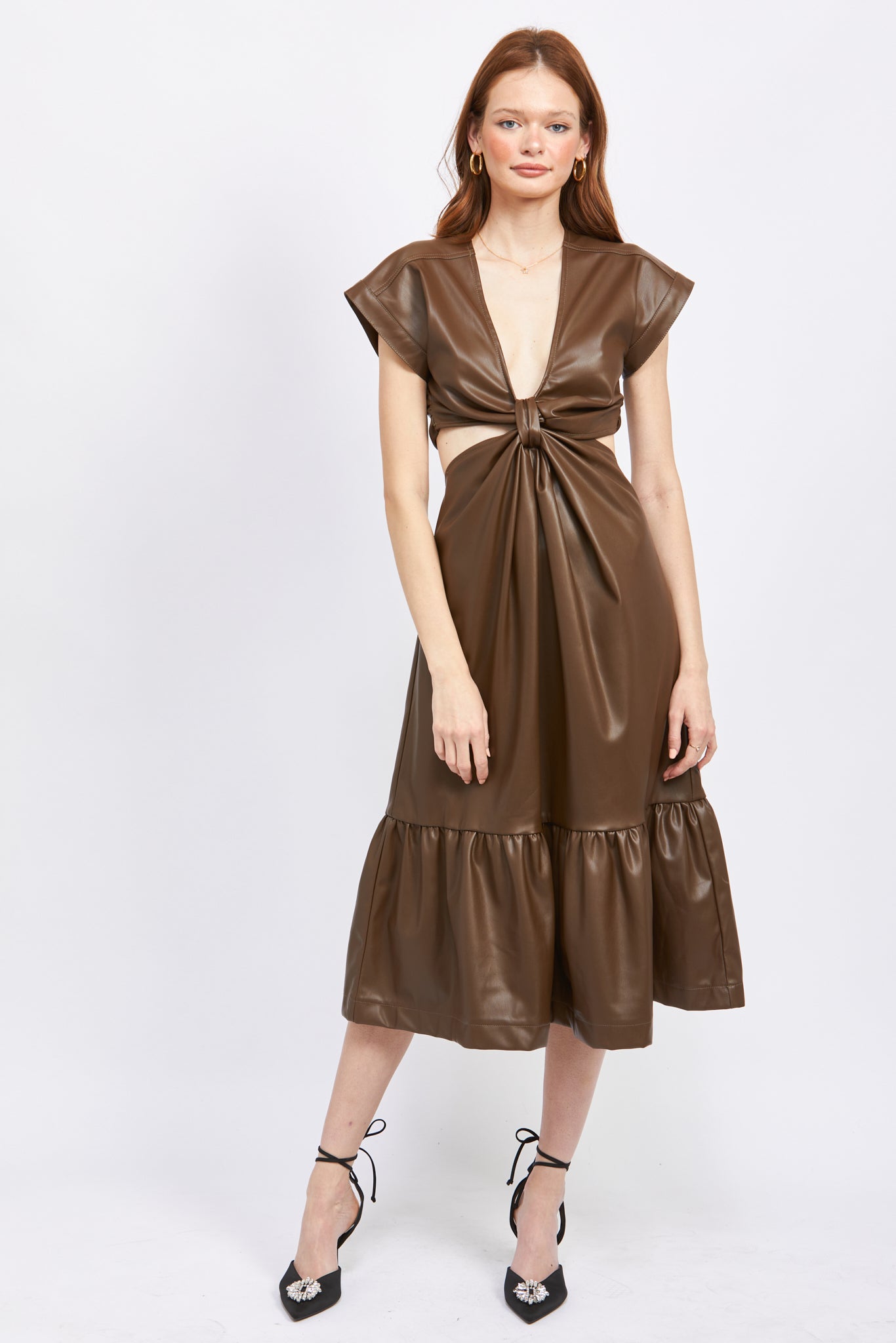 Lana Cut Out Midi Dress in Dark Brown
